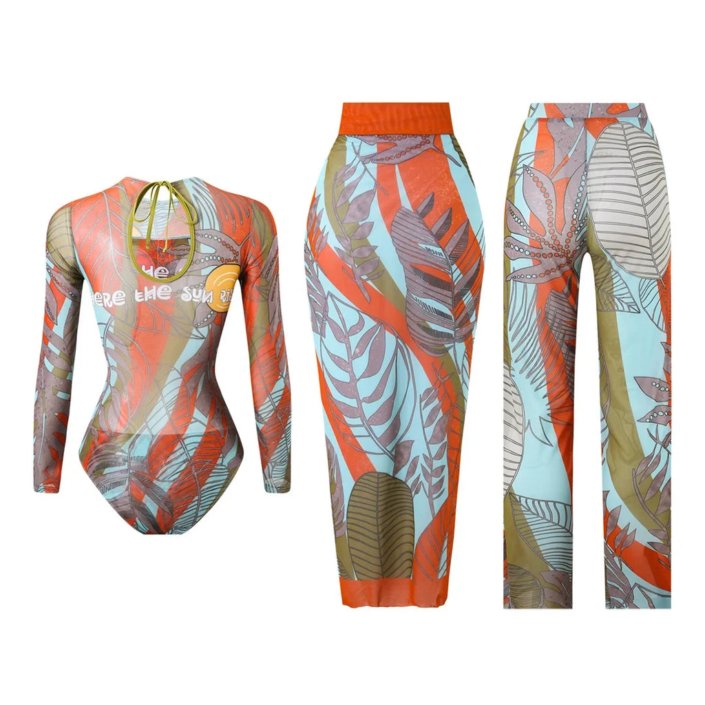 S - XXL 3PCS New Printed Long Sleeve With Pants Sarong Women Swimwear One Piece Swimsuit Female Bather Bathing Suit Swim K7180