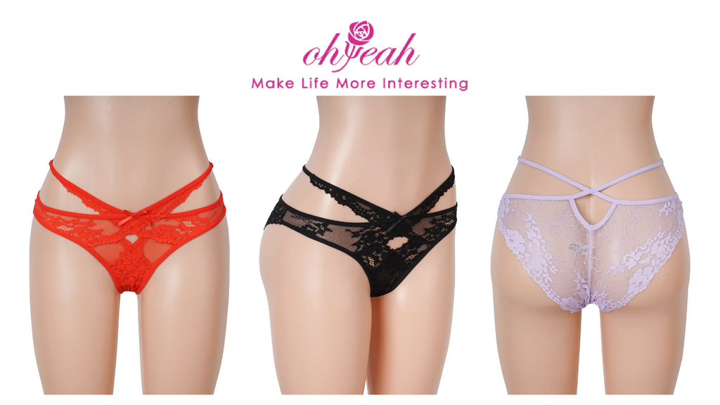 Red Lace Criss Cross Panty for Women See Through Mesh Hollow Out Bow Thong Underwear Plus Size M-3XL