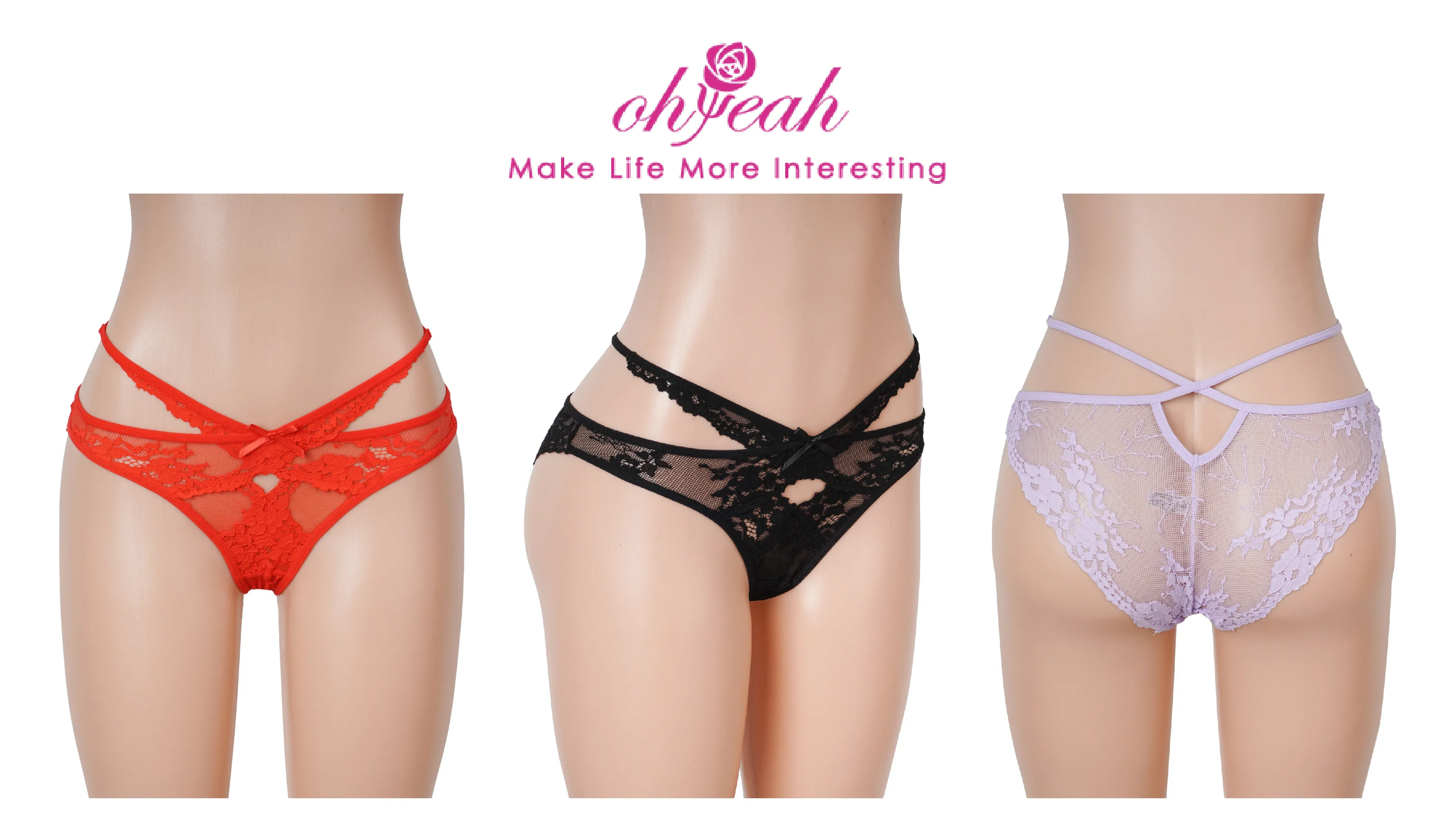 Red Lace Criss Cross Panty for Women See Through Mesh Hollow Out Bow Thong Underwear Plus Size M-3XL