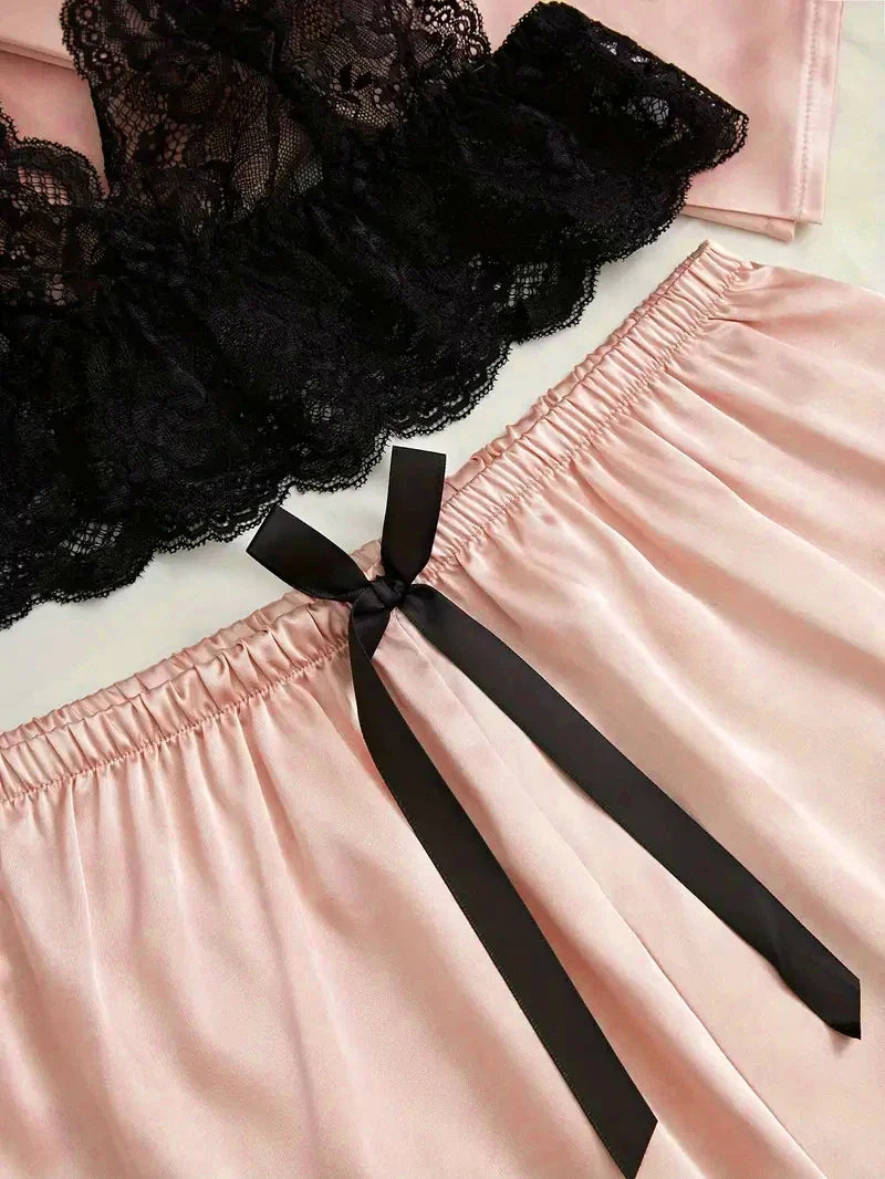 Women's Satin Sleepwear Pajama Set Pink Sexy Lingerie Bath Robe Lace Patchwork Silk Night Dress Trousers Home Clothed Nightwear
