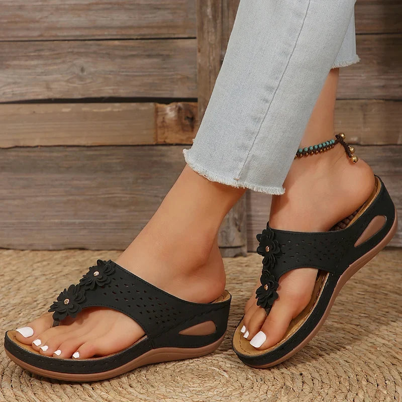 Pink Flower Wedge Heel Flip Flops Women Summer Massage Sole Clip Toe Platform Slippers Woman Light Thick Bottom Beach Sandals