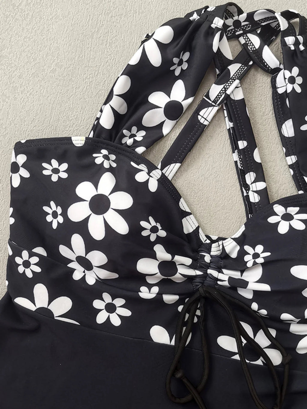 Vintage Black Flower Print Skirt Bikini Set 2026 Front Bow Crop Top Bathing Suit Swimwear Women's High Waist Swimsuit Tankini