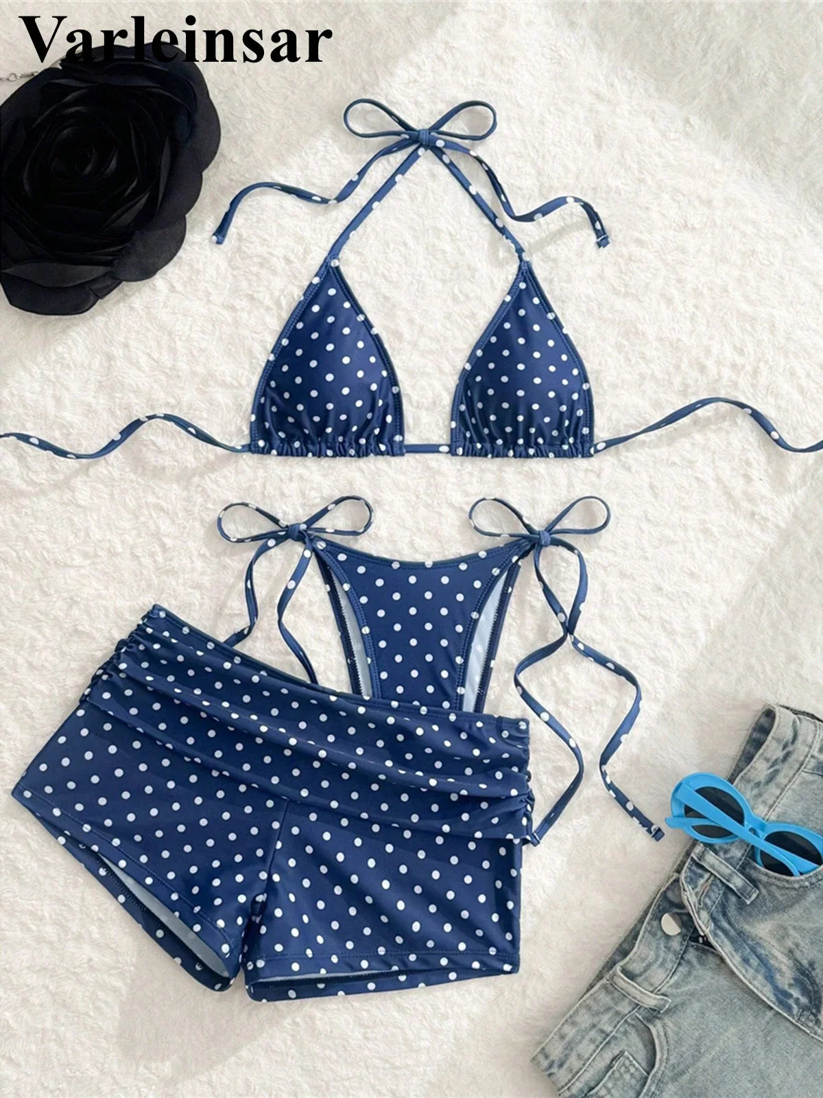 S - XL With Shorts Polka Dot Halter Bikini Female Swimsuit Women Swimwear Three-pieces Bikini Set Bather Bathing Suit Swim V8292