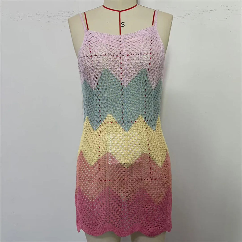 2025 New Colorful Hollow Out Crochet Knitted Tunic Beach Cover Up Cover-ups Beach Dress Beach Wear Beachwear Female Women K6522
