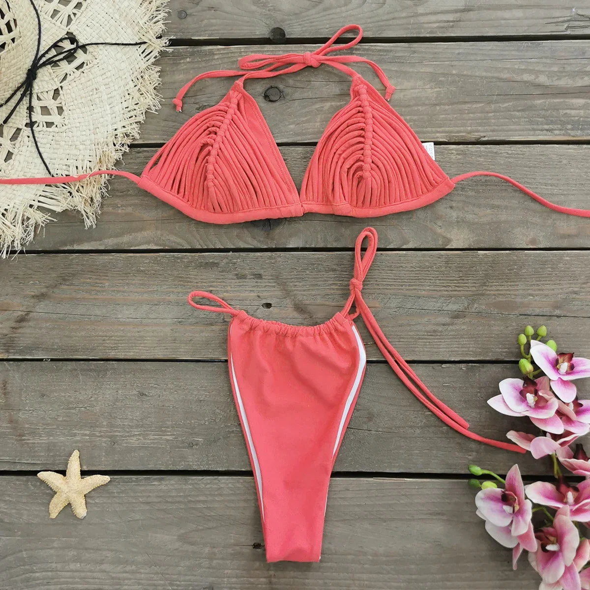 New Bandage Stripes Brazilian Bikini Swimwear Women's Swimsuit Two Piece Set Female Sexy Lace up Mujer Beachwear Summer