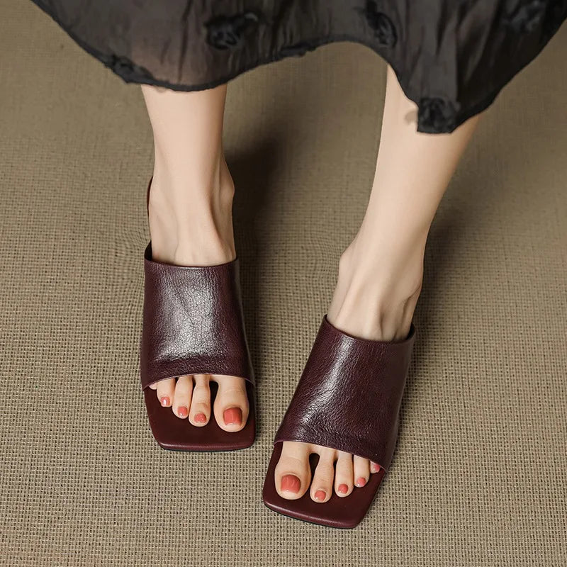 Luxe  Square Toe Slide Sandals Premium Leather One Strap Mules Chunky Sole Backless Loafers Dressy Casual Summer Shoes