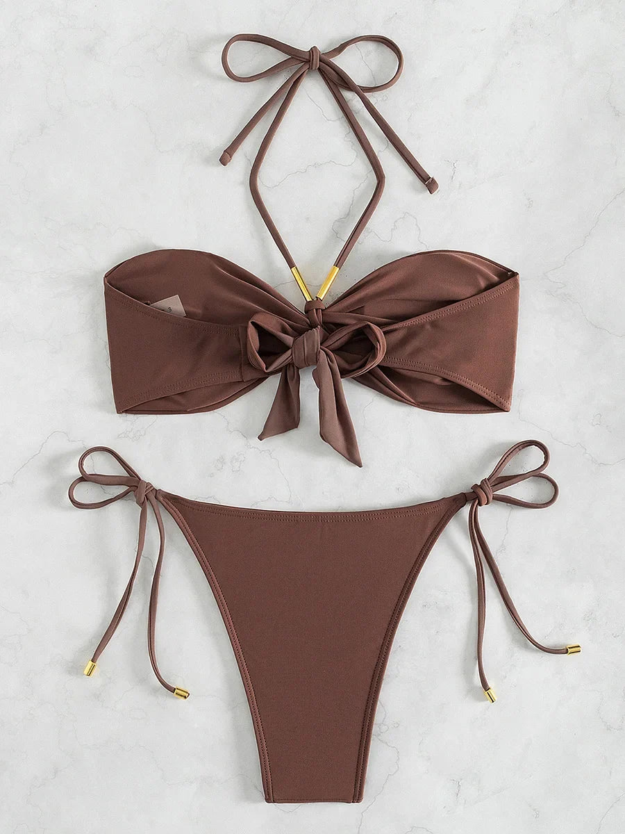 XS - L Halter Wrinkled Bandeau Bikini Female Swimsuit Women Swimwear Two-pieces Bikini Set High Cut Bather Bathing Suit Swim