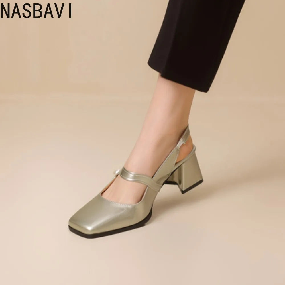 NASBAVI Fashion Women Pumps Slingback Sandals Square Toe Patent Leather Block High Heeled Mary Jane Shoes Ladies Gold Silver