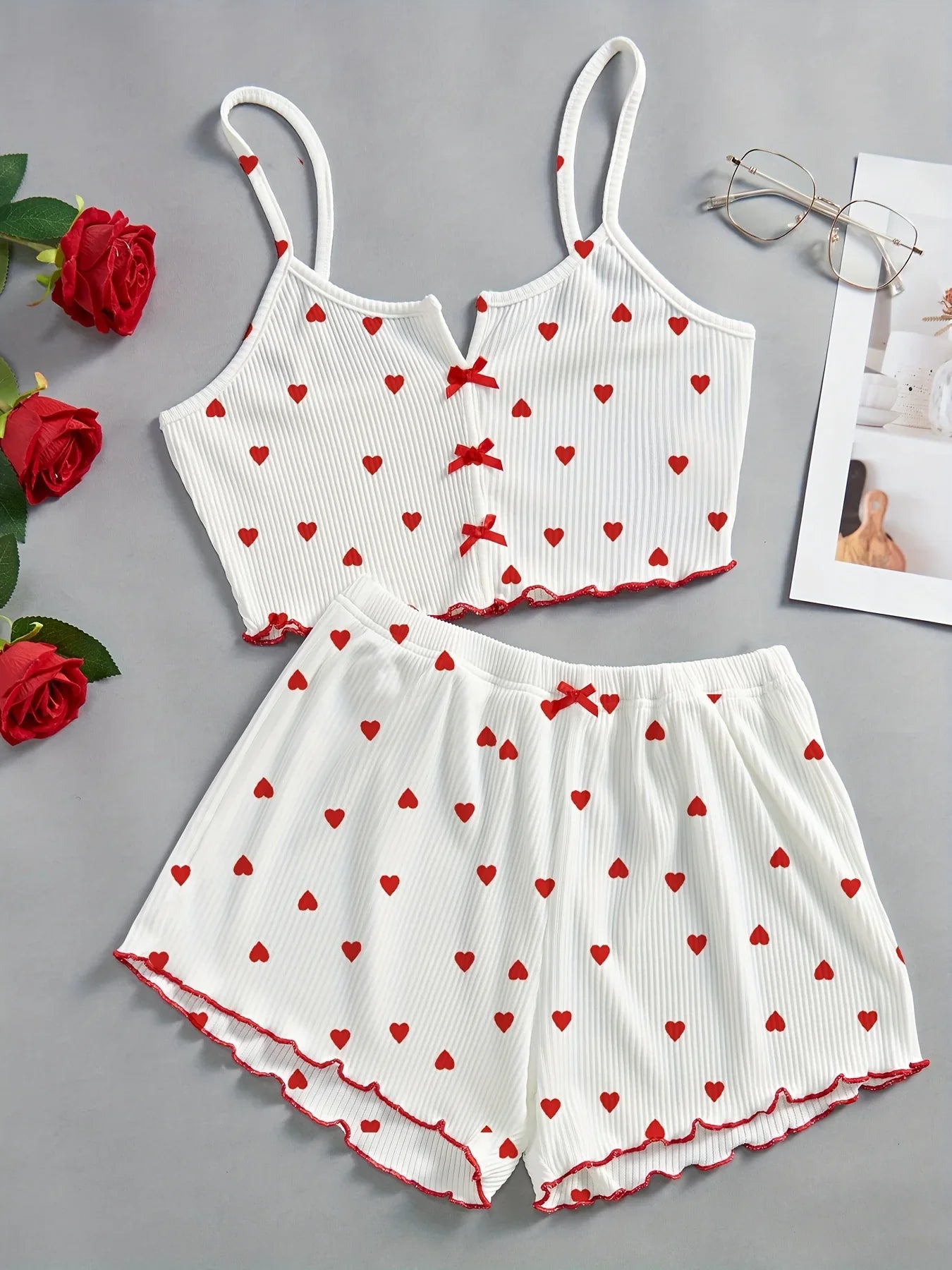 Valentine's Day Love Print Bow Dipped Crop Tops and Shorts Set Women Sexy Pajamas Sets Summer Casual Loungewear Home Clothes