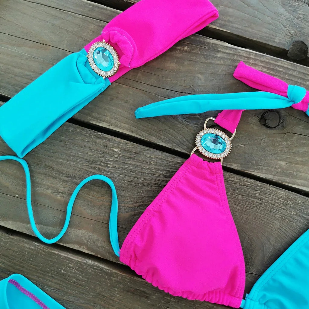 Sexy Skirt 4 Pieces Bikini Set Women Luxury Blue Patchwork Rhinestone Push Up Cover Up Swimsuit 2024 Beach Bathing Suit Swimwear