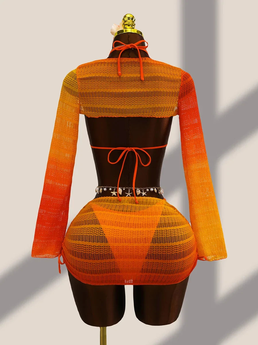 4PCS with Cover Up Skirt Gradient Knit Bikini Women Swimwear Female Swimsuit Four-pieces Bikini Set Bathing Suit Swim Beachwear