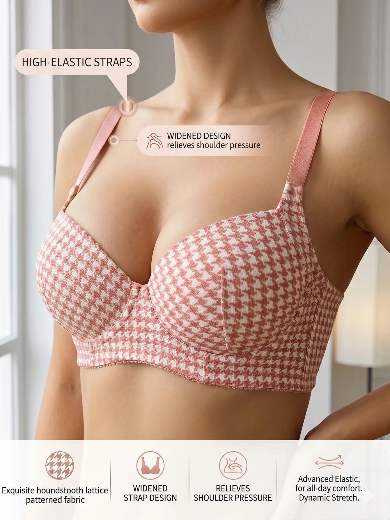 Women's Houndstooth Print Push-Up Bra Wide Elastic Straps Underwear Underwire Side Smoothing & Supportive Bra Women