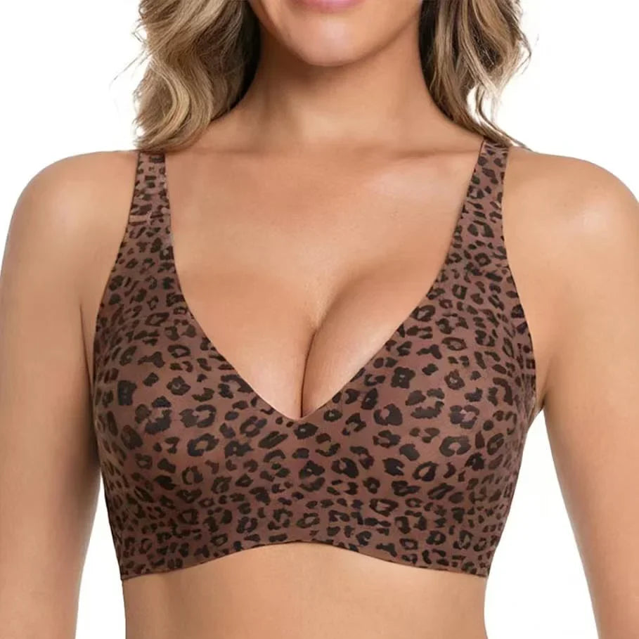 Pink Leopard Deep V Jelly Bras Wireless Comfortable Bra Supportive No Underwire Bras Tshirt Push Up Bralette Plunge Seamless Bra