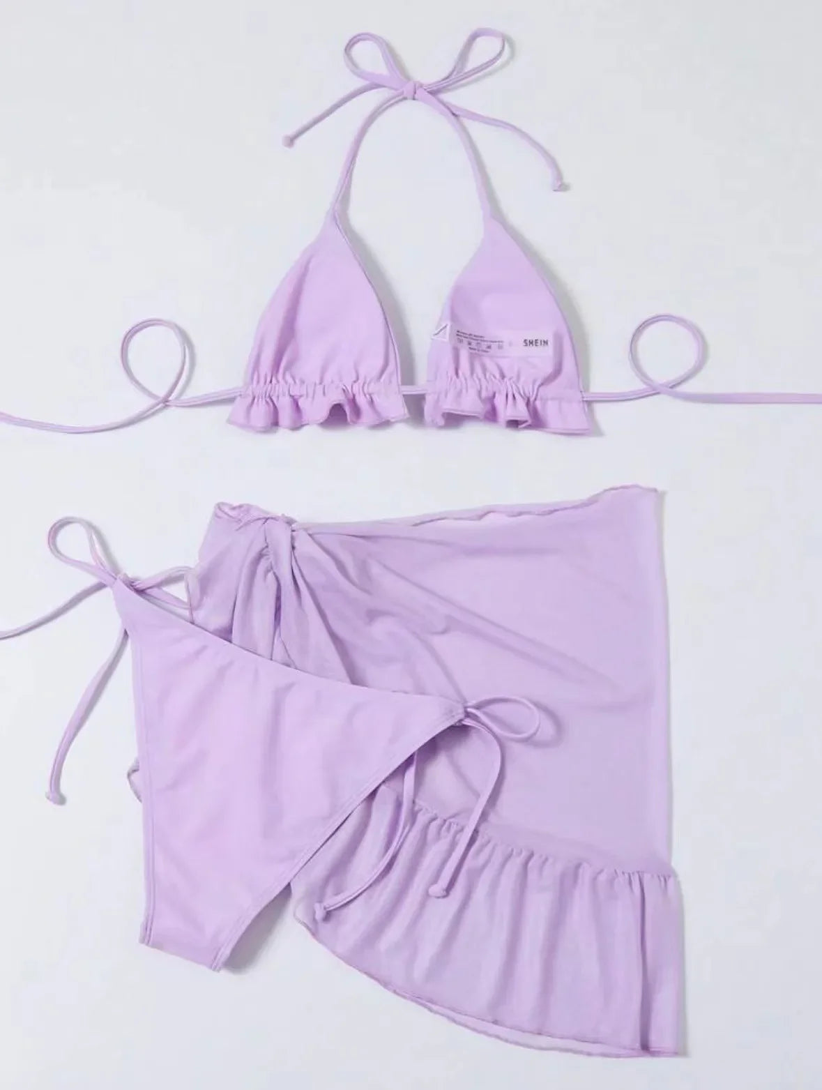 Women Frech chic bikini sets three pieces with mesh skirt swimsuit tie halter purple Swimwear bathing suit beach outfits biquini