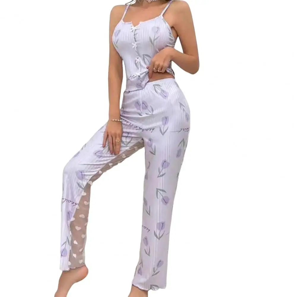 2 Pcs/Set Women Vest Pants Suit Homewear Sleepwear Outfit Bow Heart Print Sleeveless Shirring Edge Top Mesh Patchwork Trousers