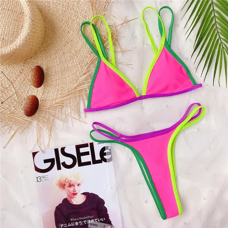 Splicing Brazilian Mini Thong Bikini Female Swimsuit Women Swimwear Two-pieces Bikini set High Cut Bather Bathing Suit Swim Lady