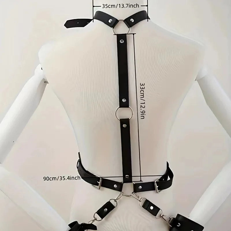 Erotic Adult PU Leather Harness Lingerie Bondage Gear Adjustable Handcuffs Ankle Cuffs OpenLeg Restraint SM Sexbodysuit Sex Shop