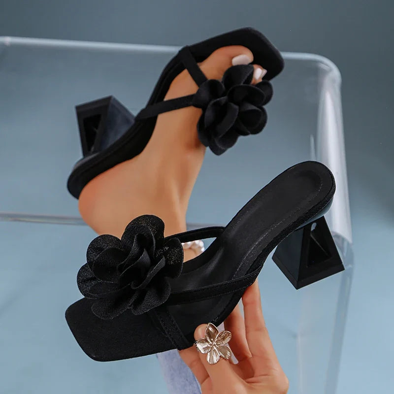 Pink Flower Thick Heeled Sandals Women Elegant Square Toe Party Wedding High Heel Shoes Woman Plus Size 43 Summer Sandalias