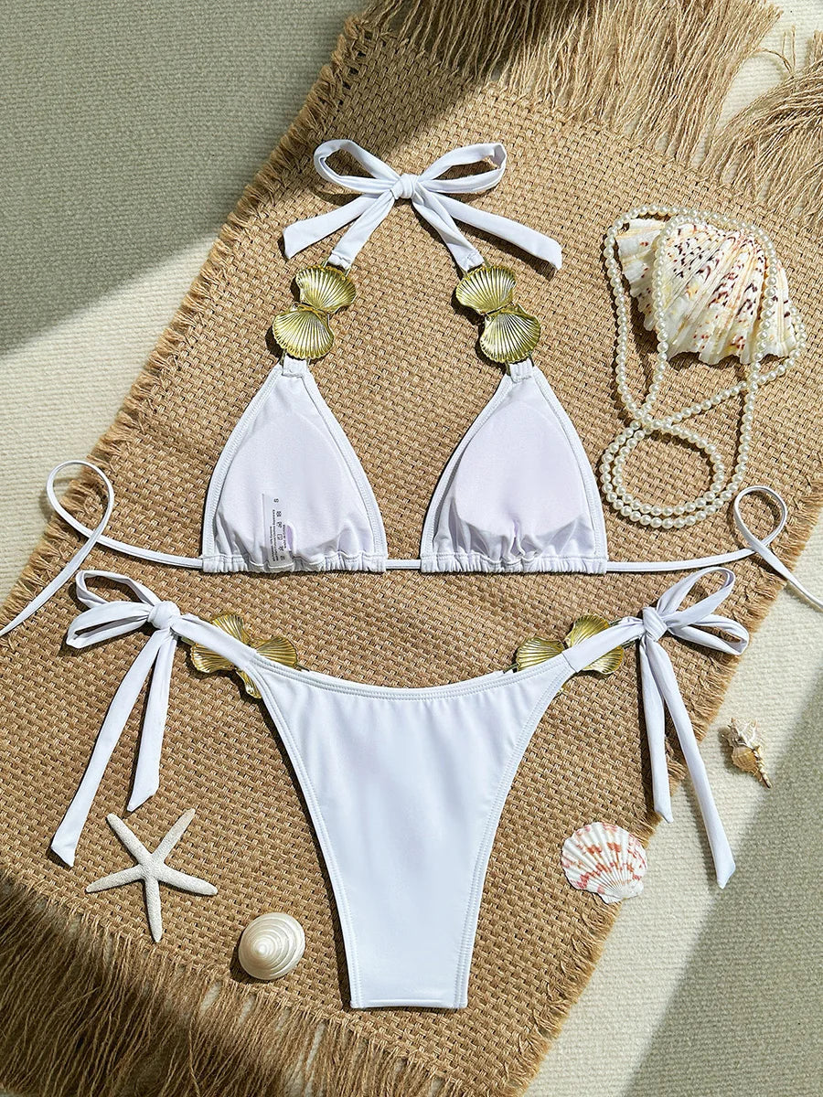 XS - L Metal Shell Halter Strappy Bikini Female Swimsuit Women Swimwear Two-pieces Bikini Set Bather Bathing Suit Swim Beachwear