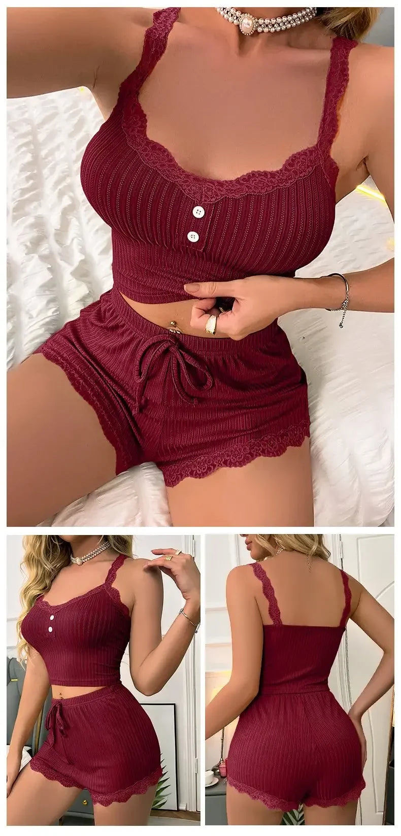 Women Sexy Pajama Set Ribbed Lace Trim Camisole Top & Shorts Summer Sleepwear Two Piece Lounge Nightwear