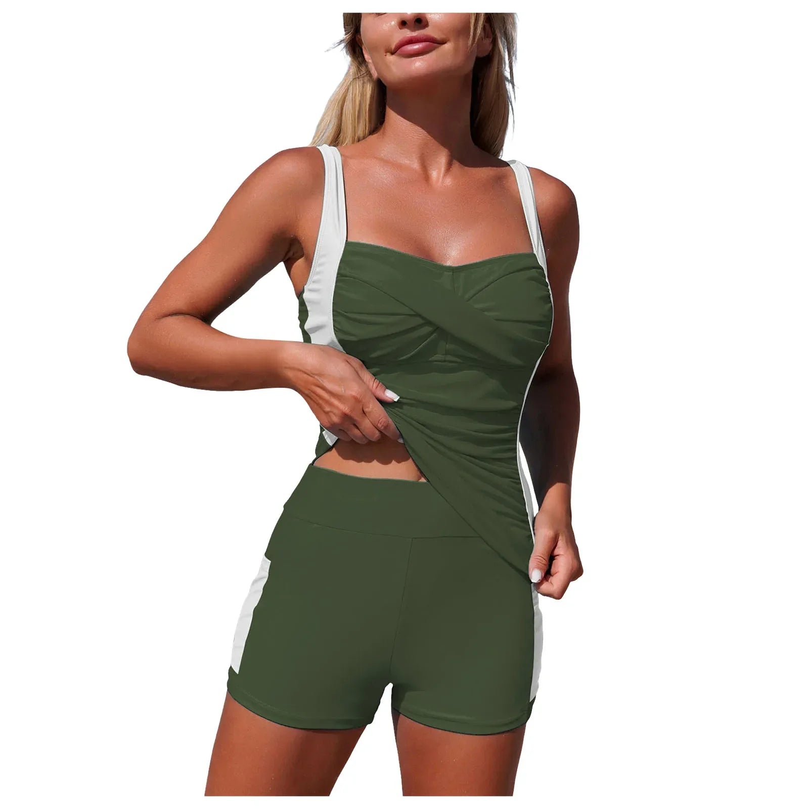 Women's Two Piece Swimsuit With Pocket Color Blocked Sporty Tankini High Waist Ruched Bathing Swimming Suit Summer Beachwear