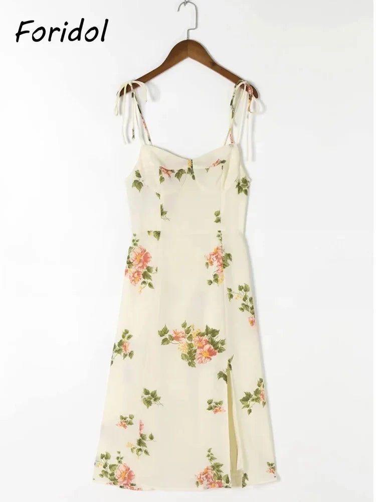 Spaghetti Strap Lace Up Beige Chiffon Summer Dress Sexy Slip Midi Sleeveless Dress Robe Big Flower Print Women Beach Dress Boho