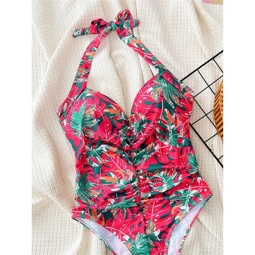 Printed Halter V Neck With Bra Cup One Piece Swimsuit Women Swimwear Female Monokini High Leg Cut Bather Bathing Suit Swim V5739
