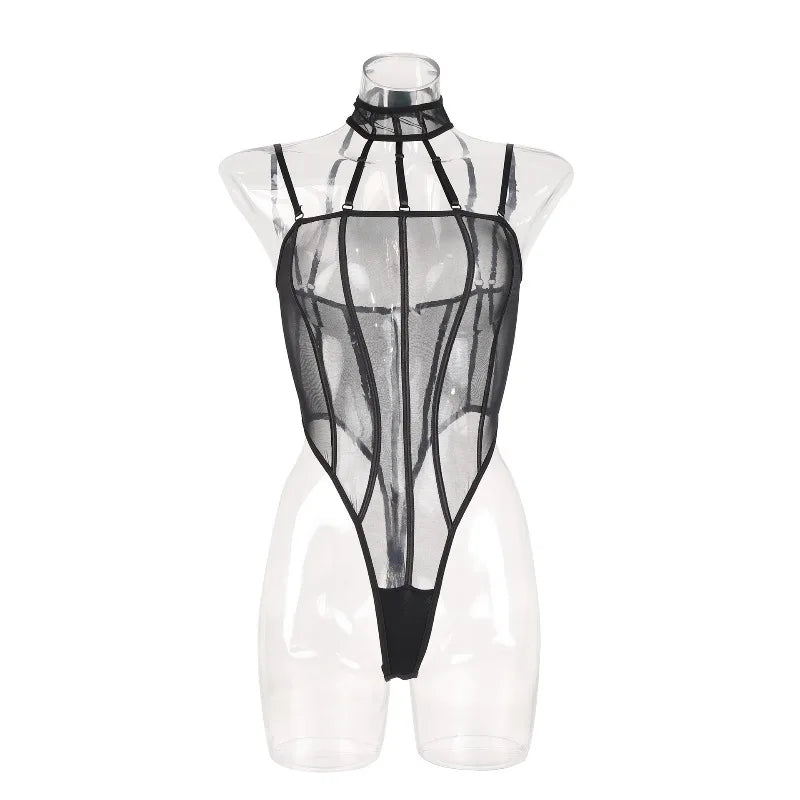 Toucheart Erotic Bodysuit Net Clothes Halter Lace See-through Skinny Backless Sissy Premium HotSeductive Women Coquette Bodysuit
