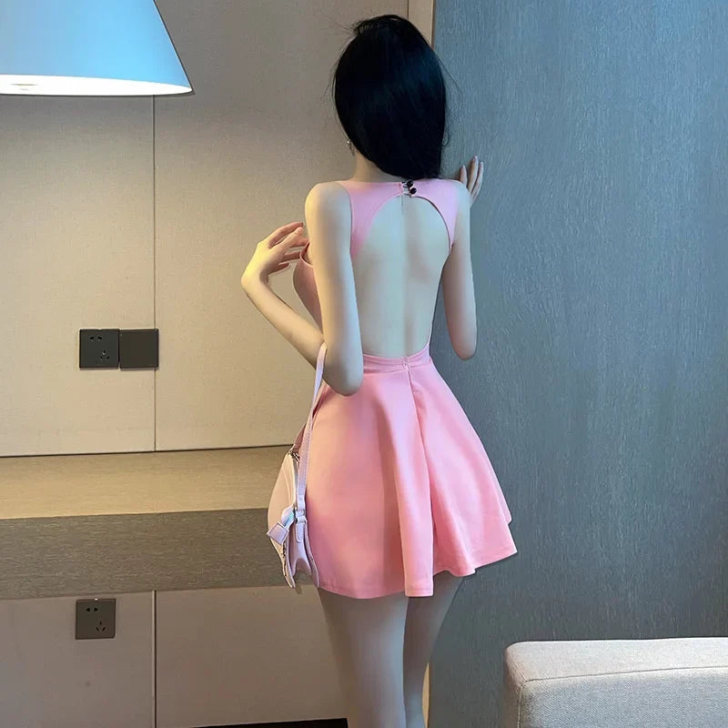Women's 2023 Summer New Sexy Spicy Girl Fashion V-neck Sleeveless Backless Open Breast A-line Ultra Short Solid Sweet Dress 0U1N