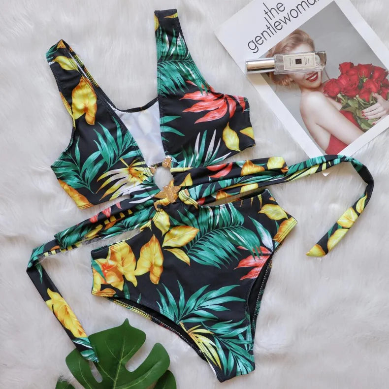 4 Colors New Sexy One Piece Swimsuit Swimwear Women Deep V-neck Hollow High Waist One-piece Bathing Suit Beachwear Metal Hoop