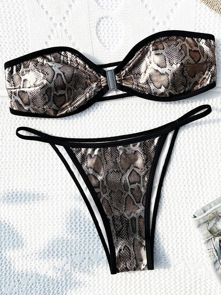 Snake Skin Bandeau Bikinis High Cut Bikini Female Swimsuit Women Swimwear Two-pieces Bikini Set Bathing Suit Swim Beach Wear