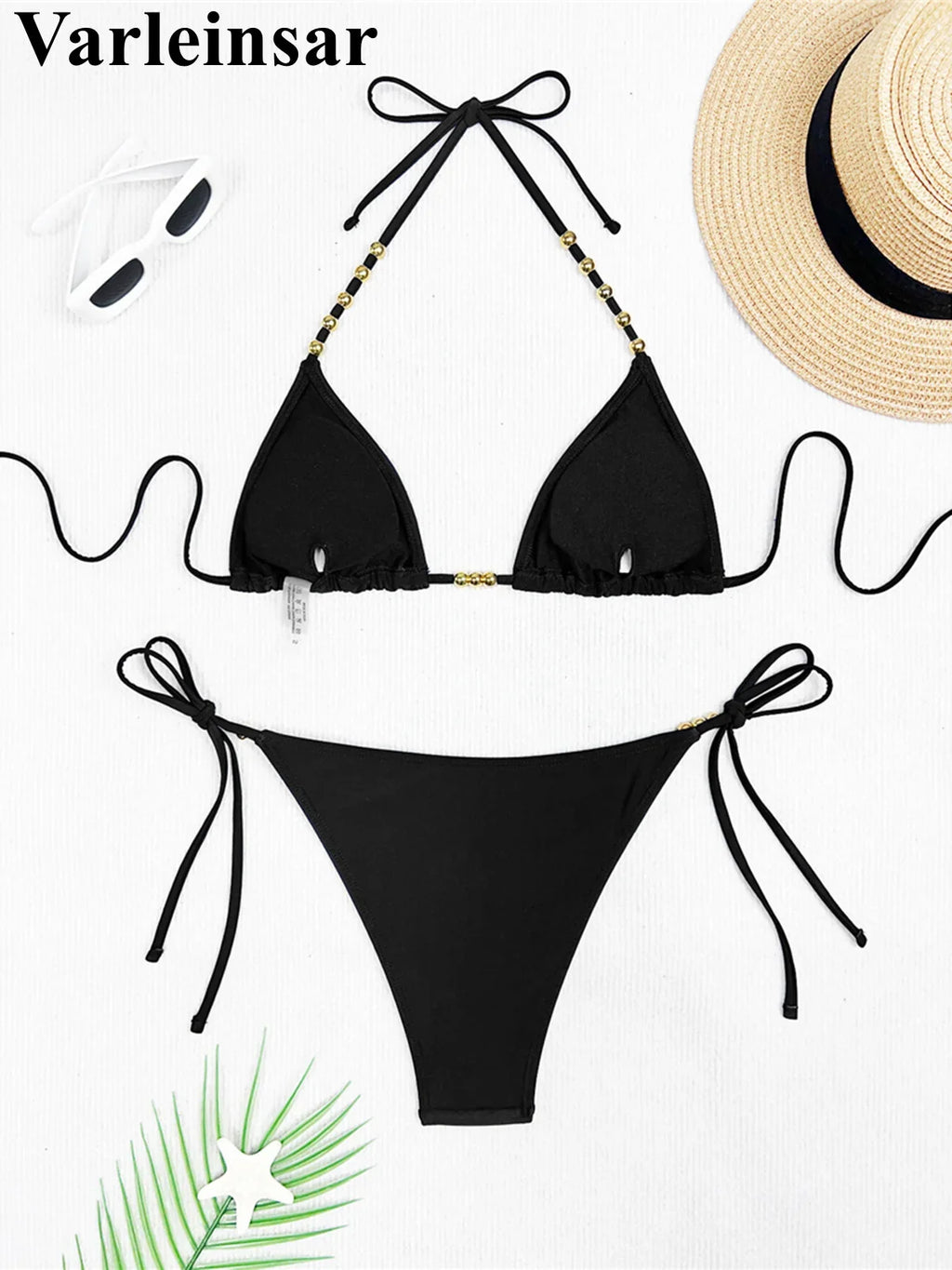 XS - L Halter Metal Bead Bikini Women Swimwear Female Swimsuit Two-Pieces Bikini Set High Leg Cut Bather Bathing Suit Swim V7618