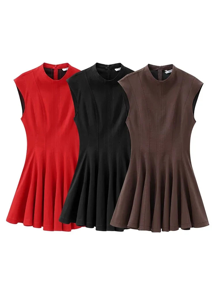 Foridol Stand Collar Sleeveless Pleated Tank Dress for Women Brown Casual Short Autumn Winter Dress Zip Black Ladies Vestidos