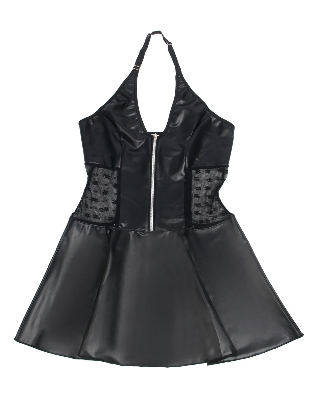 Baby Doll Black PU Leather Lace Sexy Halter Dress With Garter Belts Daring Lingerie for Women Plus Size Club Wear Ladies Dresses