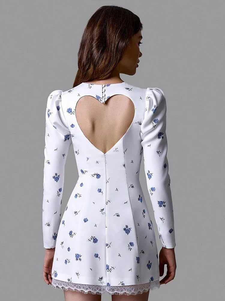 Ahagaga Elegant Women's Mini Dresses Print Heart-shaped Cutout Slim Fit A-Line Regualr Long Sleeves Trend O-Neck Lace Patchwork