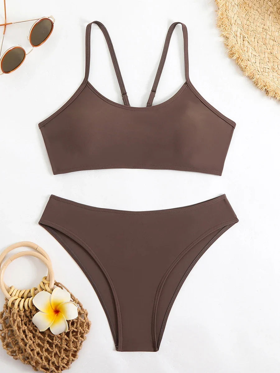 2025 Strappy Bikini Set Sexy Swimsuit Women Solid Padded Swimwear Female Bathers Bathing Swimming Swim Suit Beachwear