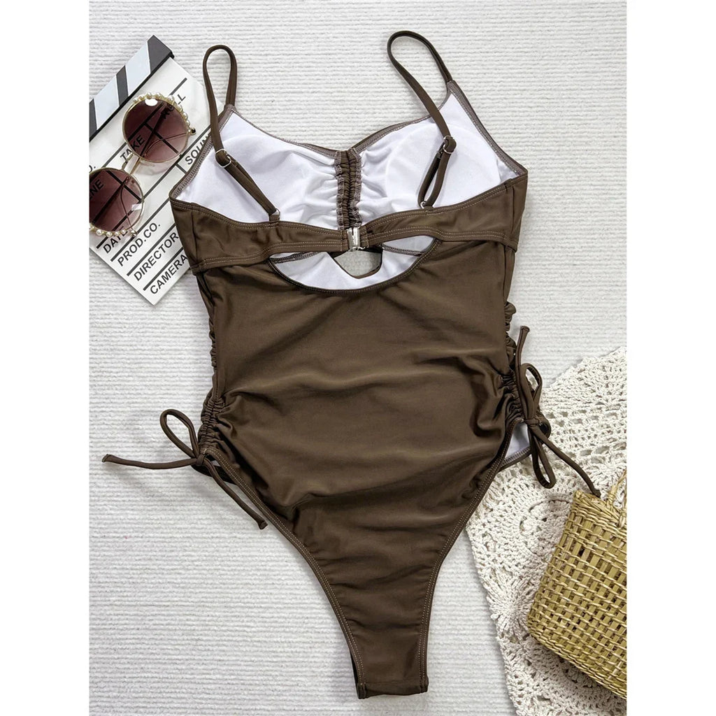 2026 Sexy Cut Out Lace Up Backless Women Swimwear One Piece Swimsuit Female High Leg Cut Padded Bather Bathing Suit Swim V6269