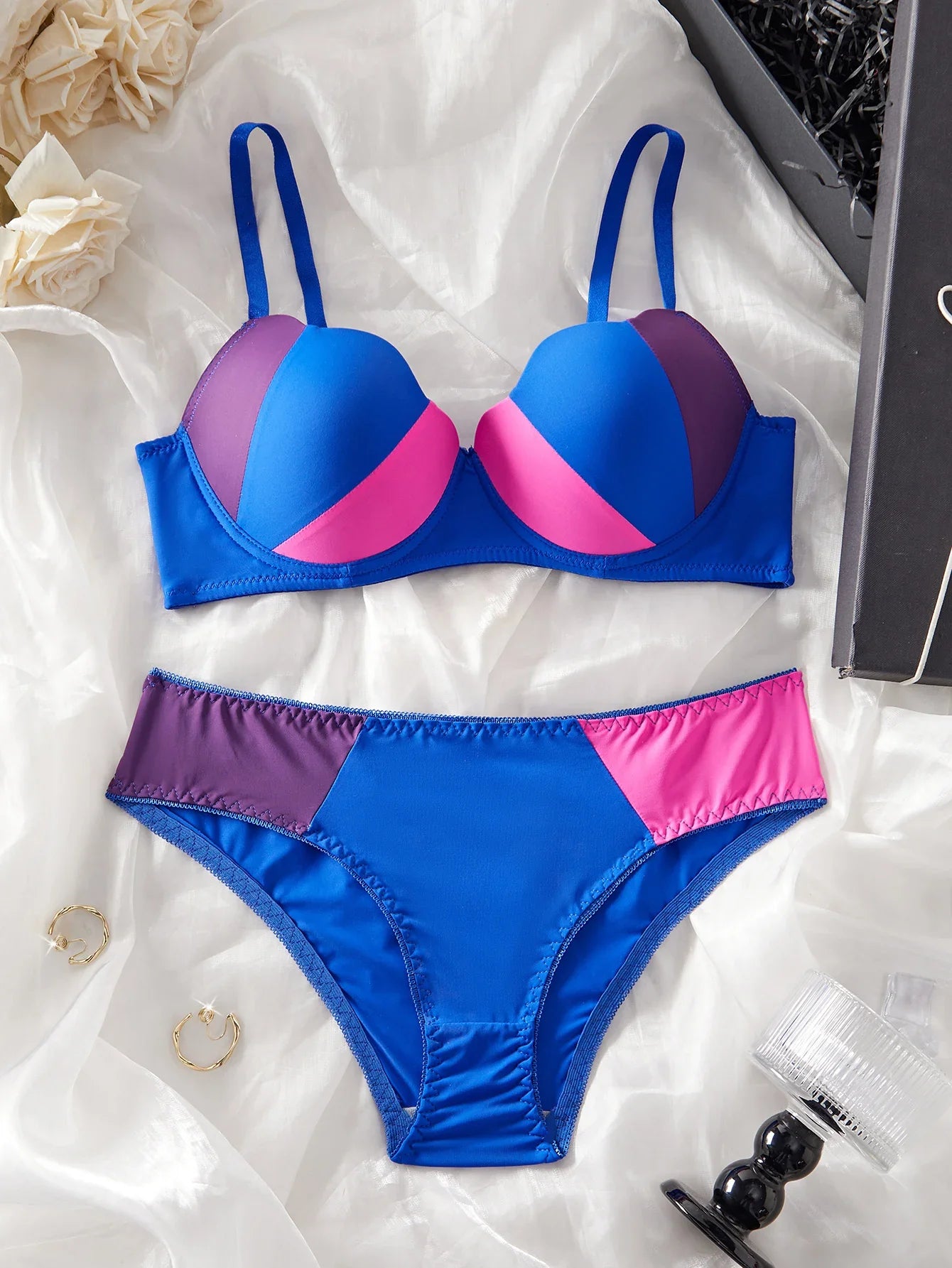 Single-Piece Color-Blocked Sexy Beach Swimwear Set with Underwire Push-Up Bra and Panties, Comfortable Shell Cup Design Lingerie, Stretchy Breathable Panties