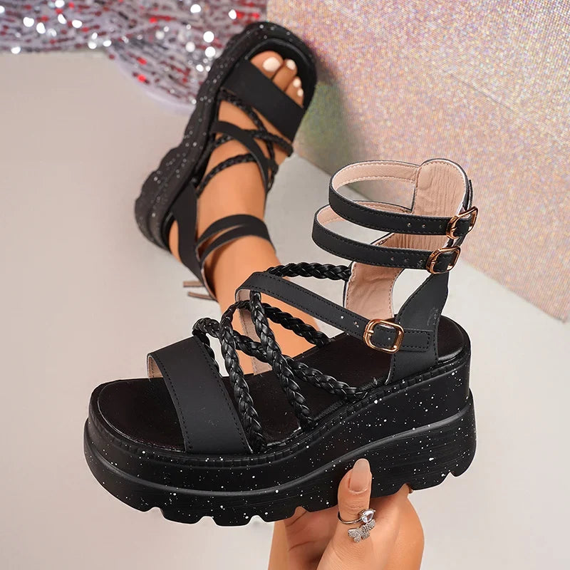 Cross Band Chunky Platform Sandals Women 2025 Summer Thick Sole Wedges Rome Sandles Woman Super High Heel Gladiator Sandalias 43