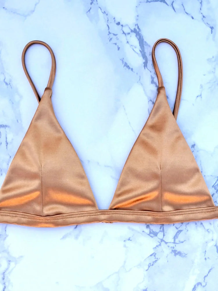 2025 Metallic Satin High Cut Brazilian Bikini Women Swimwear Female Swimsuit Two-pieces Bikini Set Bathing Suit Swim Beach Wear