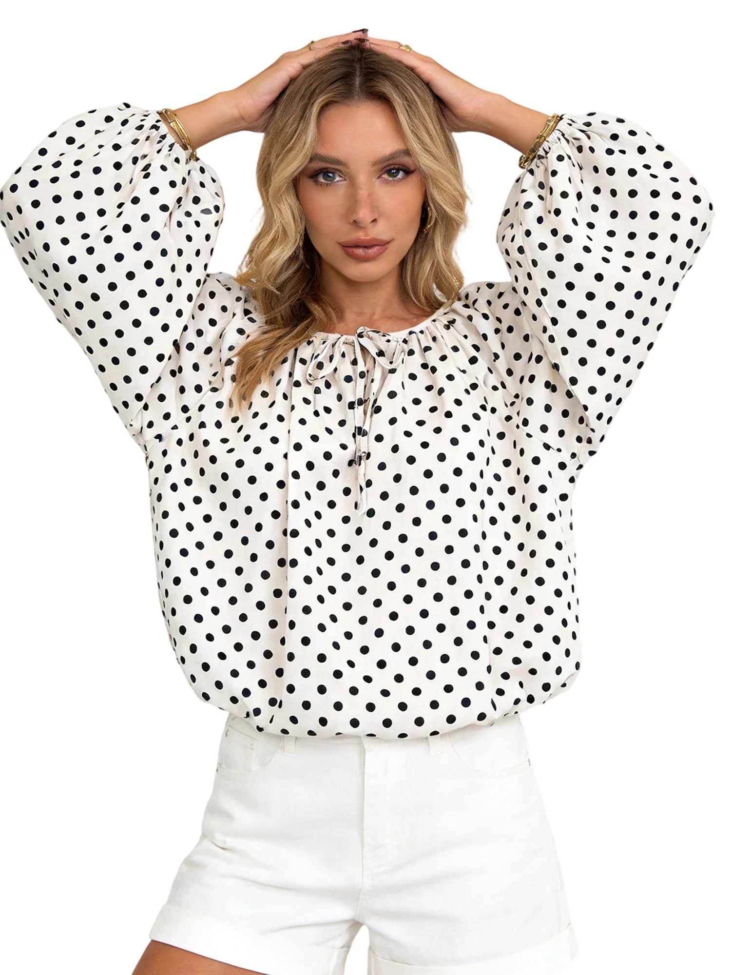 Women Puff Long Sleeve Crew Neck Spring Fall Tops Fashion Dot Print Casual Loose Fit Flowy Blouse