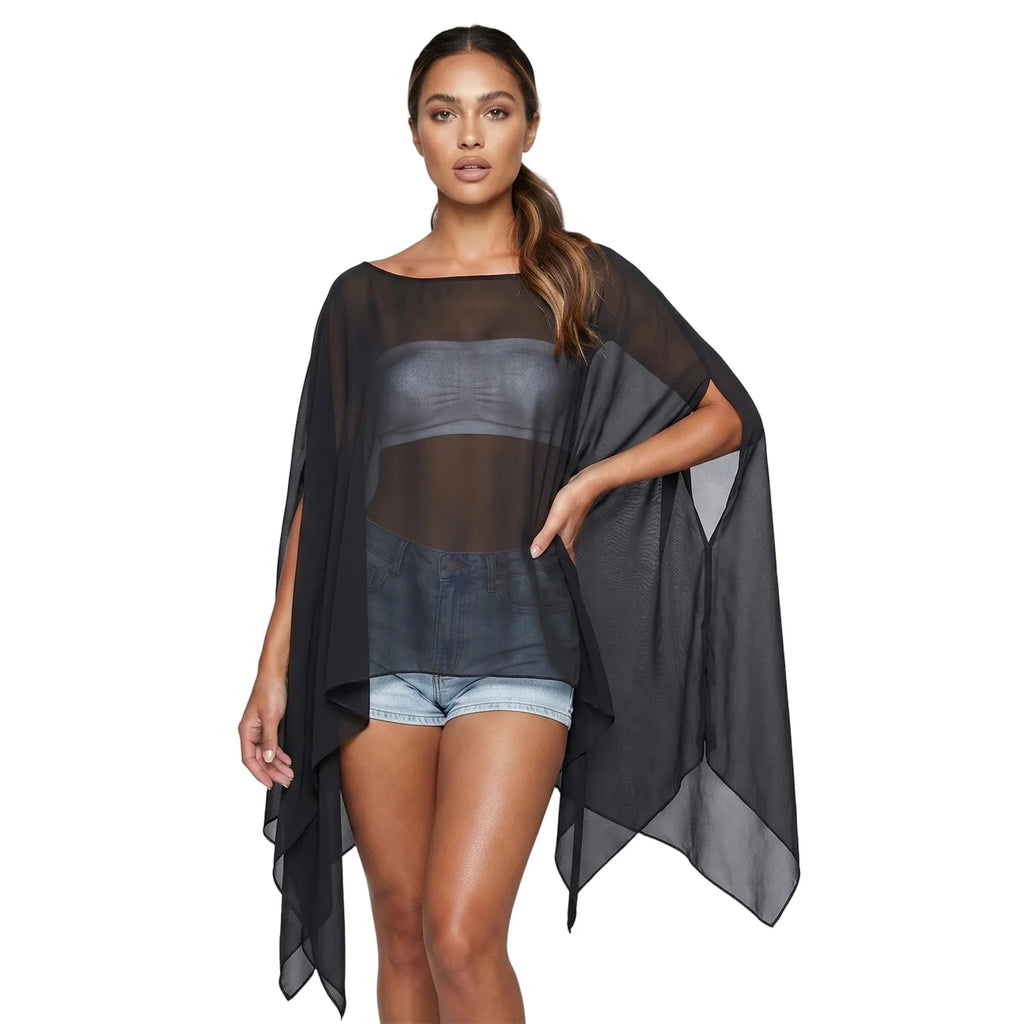 Women's Solid Color Sheer Chiffon Poncho Tops Elegant Batwing Sleeve Off One Shoulder Beach Cover Up for Summer Wear
