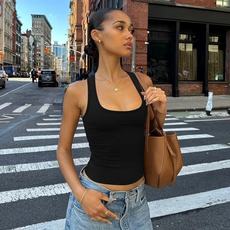 Women's Fashion Solid Tank Tops 2026 Streetwear Sleeveless T-shirt Female Square Collar Skinny Corset Y2K Girls Gray Crop Top