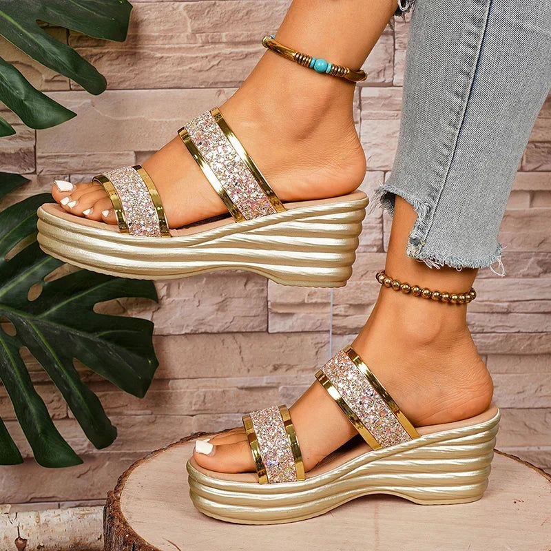 Chunky Platform Gold Sequins Sandals Women Summer Lightweight Wedges Slippers Woman Plus Size 43 Outdoor High Heel Sandles