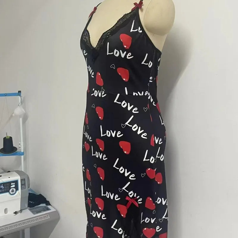Lace Edge V-Neck Sling Side Split Sleepwear Women's Printed Love Letter Black Home Sling Dress Pajamas