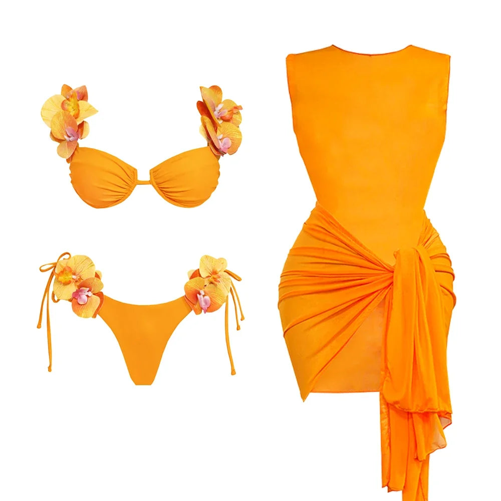 Flower Bikini With Skirt Set Sexy Women 3Pcs Swimsuit Push Up Swimwear Female Bandeau Biquini Bathing Suit Bodysuit Beachwear