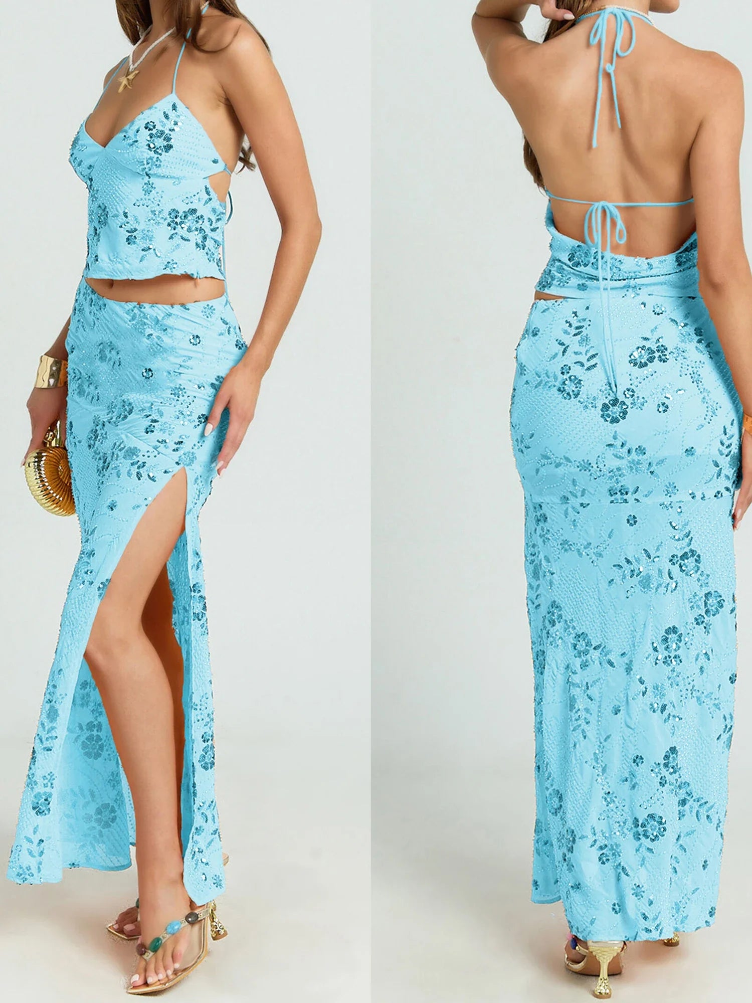 Women Backless Sequined Flower Summer Vest Beaded Halter Top Tie-up Sleeveless Camis Tops for Club Party