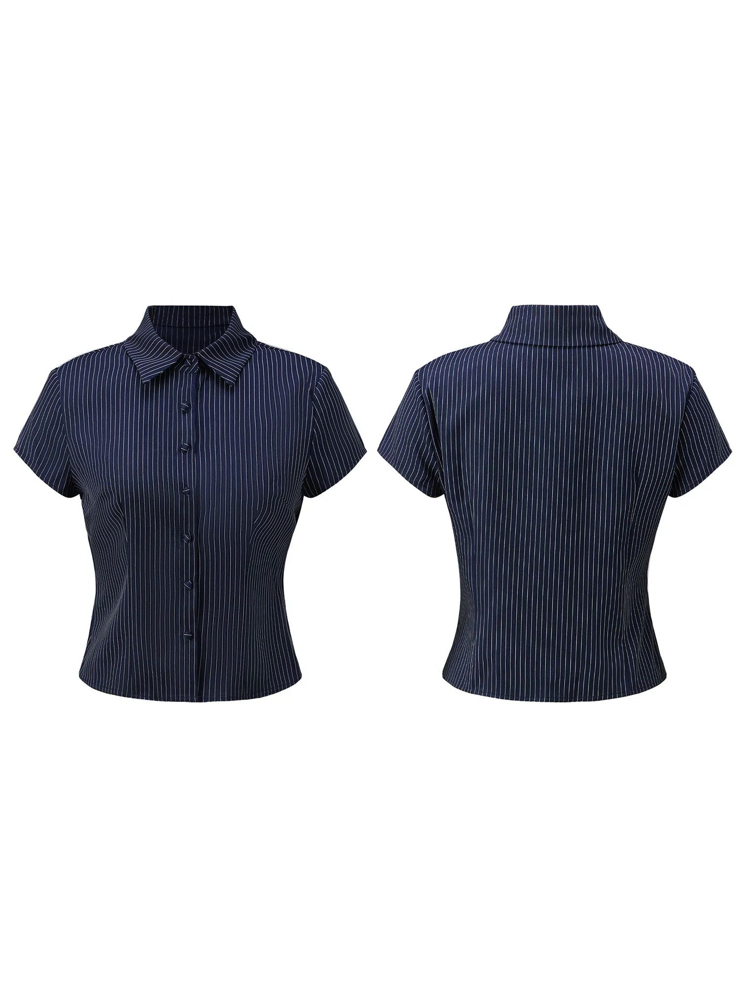 Women Button Down Slim Fit Striped Shirt Fashionable Summer Short Sleeve Turn Down Collar Tops for Casual Daily Wear