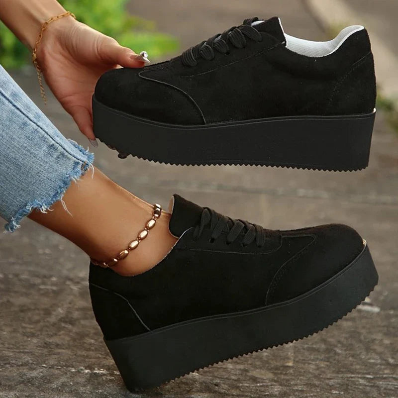 Plus Size Chunky Heel Sneakers Women Spring Autumn Lace Up Black Sneakers Woman Faux Suede Platform Vulcanize Shoes Female