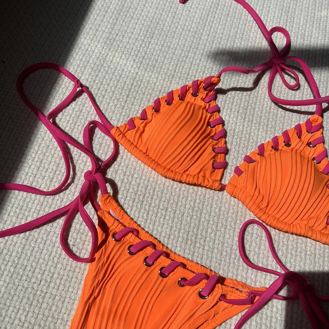 8 Colors Halter Ribbed High Leg Cut Bikini Female Swimsuit Women Swimwear Two-pieces Bikini set Bather Bathing Suit Swim V5541Y